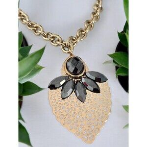 New Gold Tone Necklace Ornate Pendant Hematite Stones Spring Street - 10X